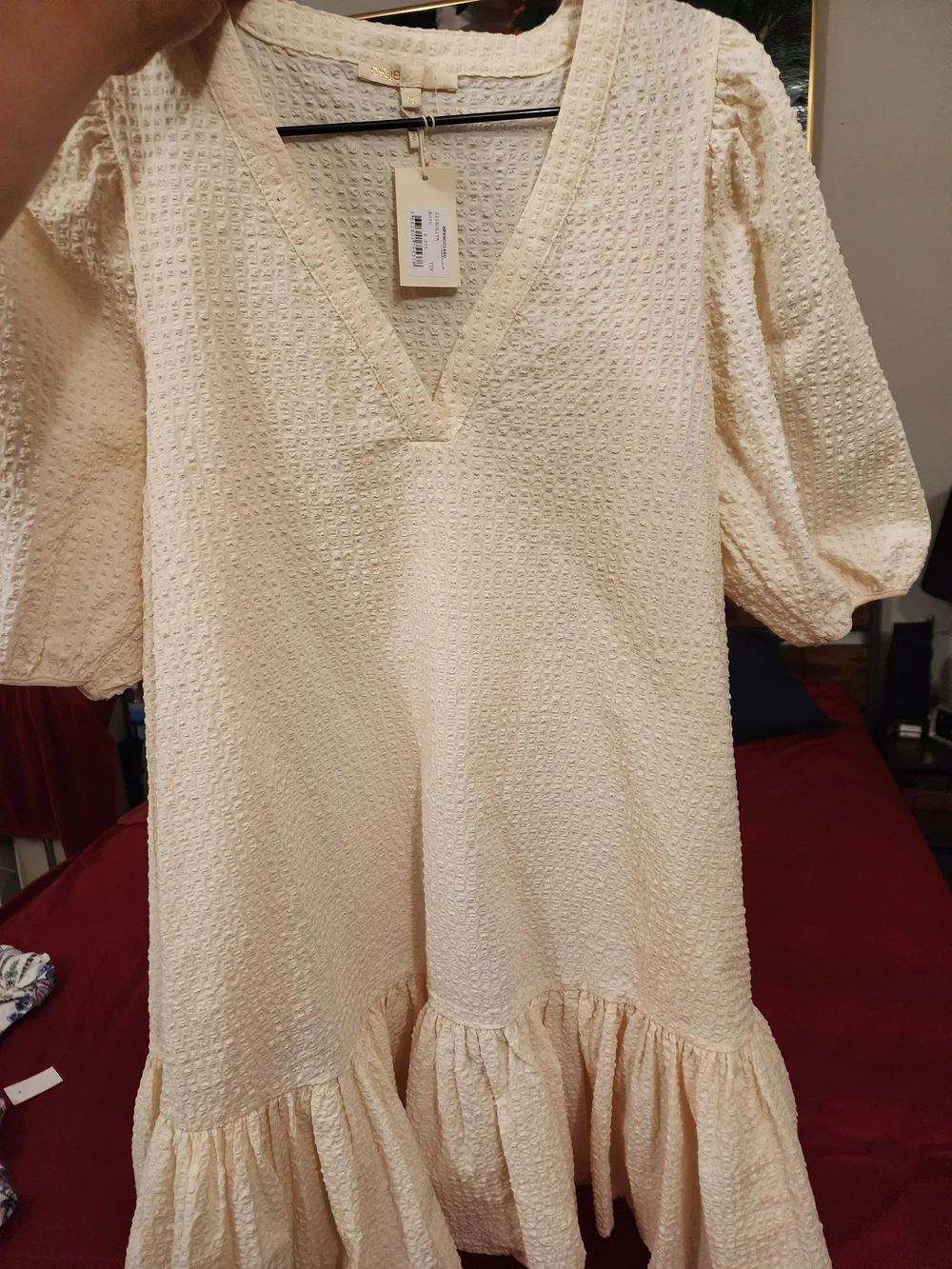 New With Tag Maje Cream V-Neck Puff Sleeve Tiered Dress